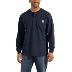 Carhartt Mens Workwear Pocket Henley Long Sleeve T Shirt -Sporty Tops Sales k128 nvy 01